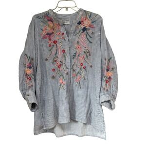 JOHNNY WAS Workshop Karen Voyager Small Striped Hidden Button Tunic Embroidered